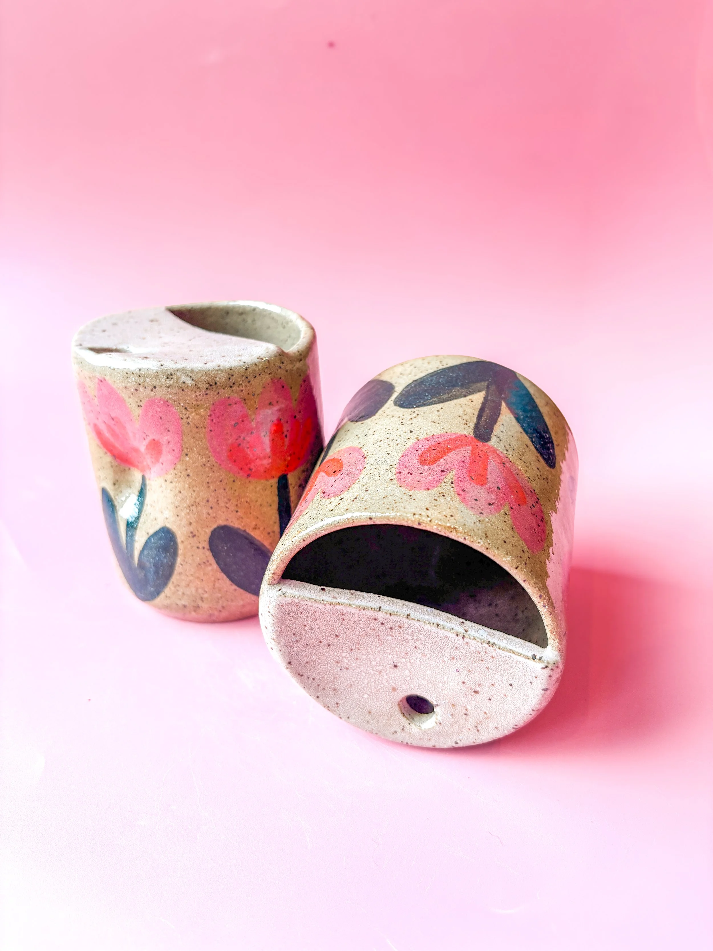 Pink Tulips Speckled Clay Travel Mug