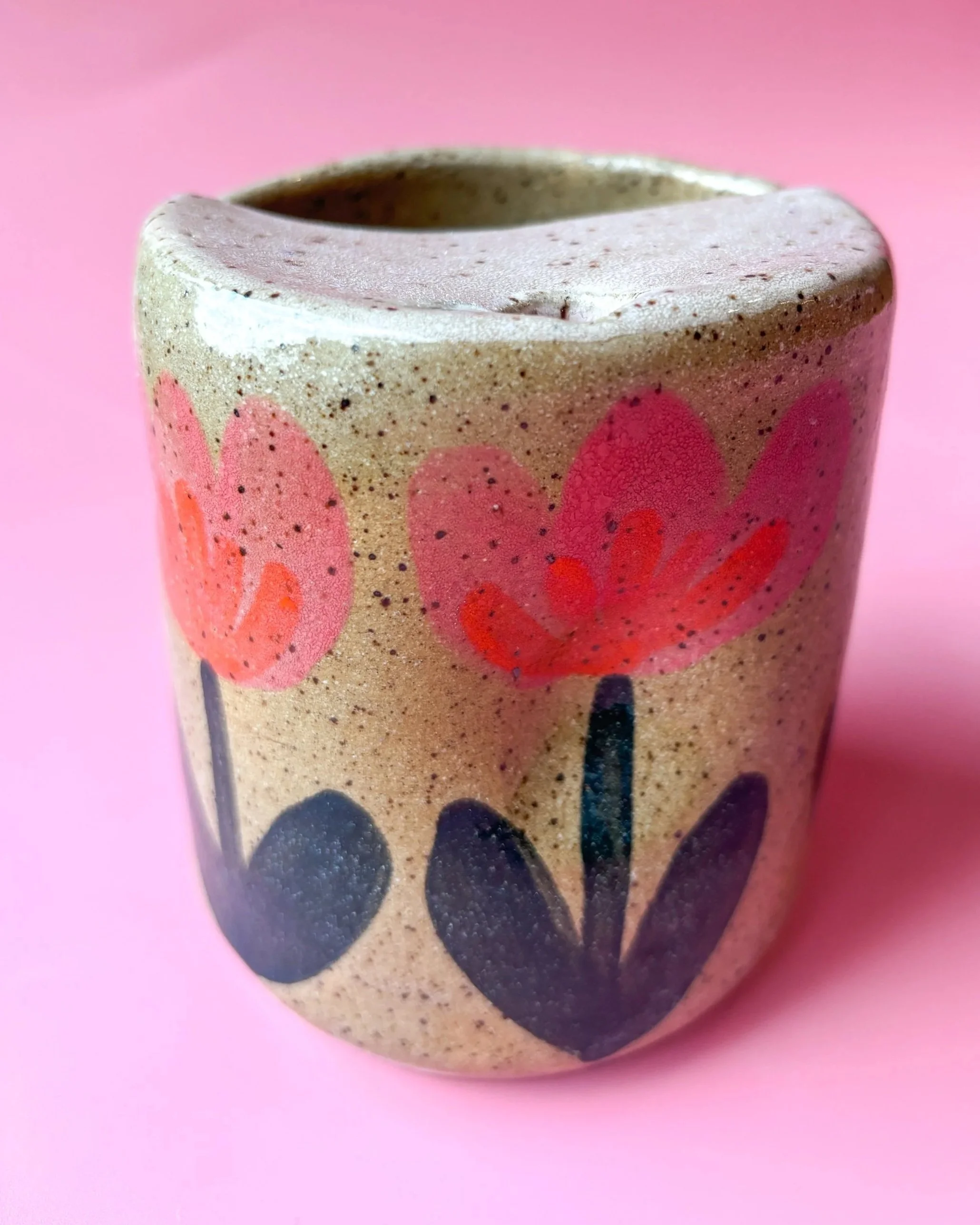 Pink Tulips Speckled Clay Travel Mug