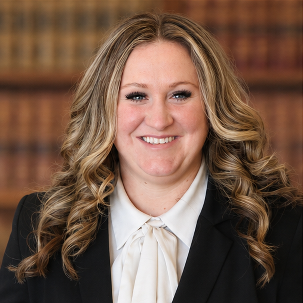 Professional woman with long blonde curly hair, smiling, wearing a black blazer and white blouse with a bow, in a library setting.