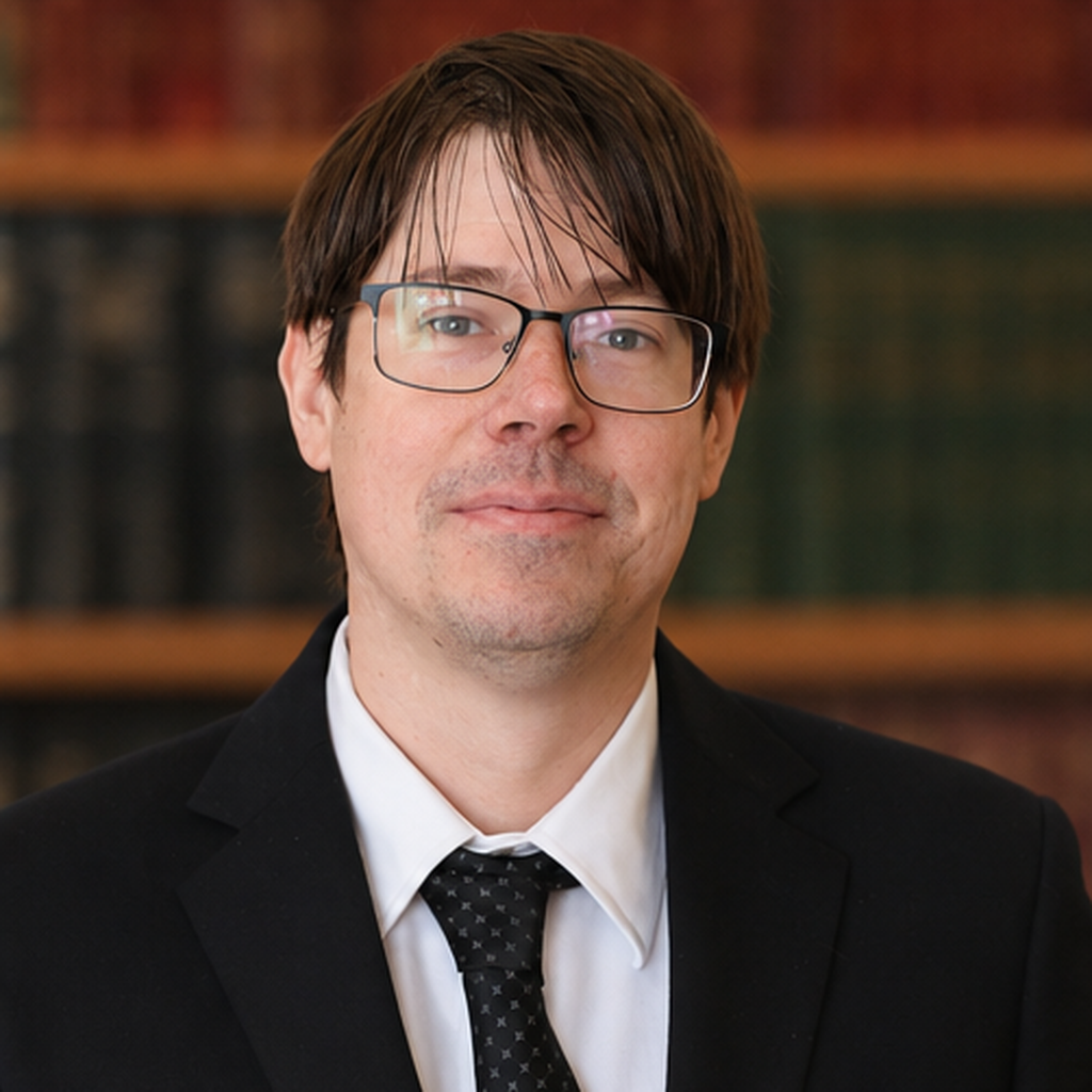 A man with brown hair, glasses, wearing a black suit and tie, standing in front of a blurred background of bookshelves.