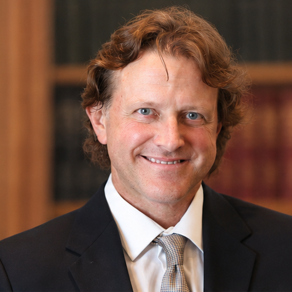 A man with curly brown hair in a suit, smiling in front of bookshelves.