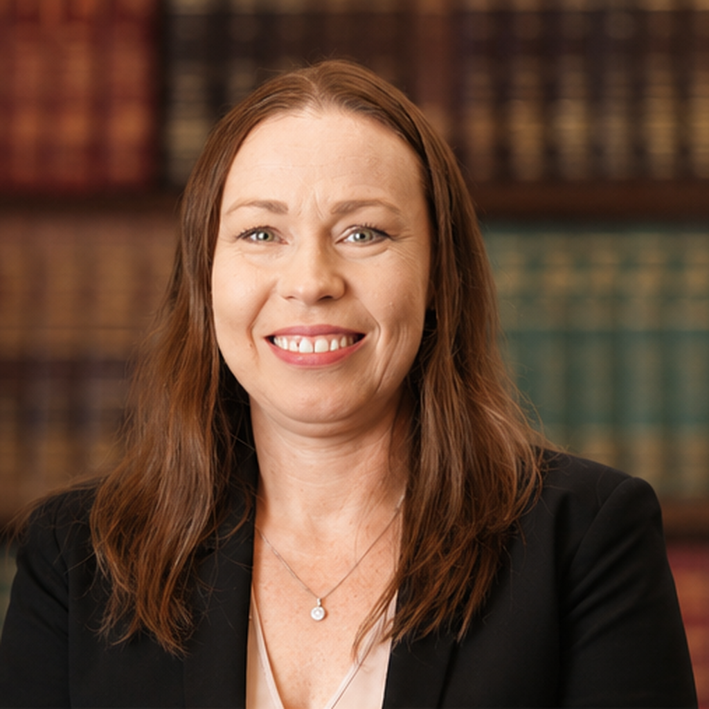 A woman with shoulder-length brown hair smiling, wearing a black blazer and a necklace, standing in front of a background of bookshelves filled with books.