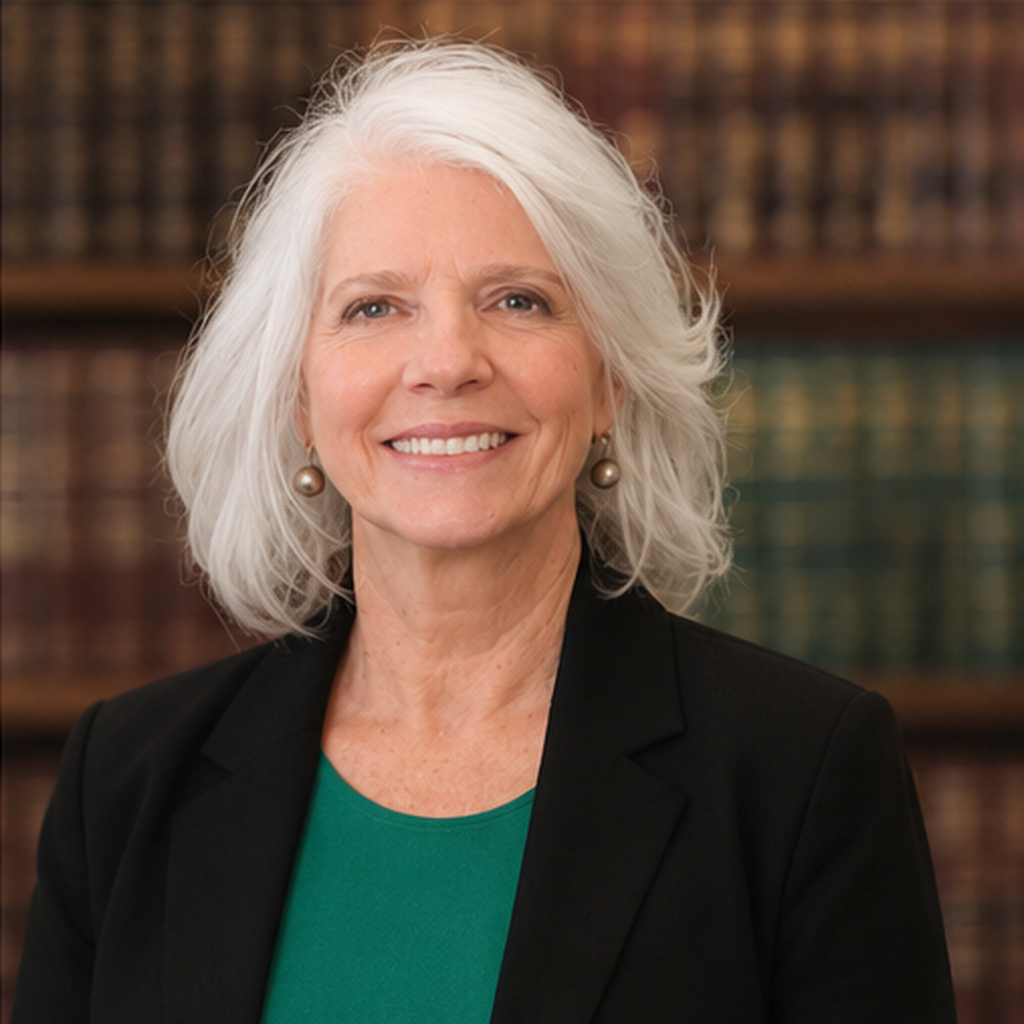 A smiling senior woman with shoulder-length white hair, wearing a black blazer and green top, standing in front of a bookshelf filled with books.