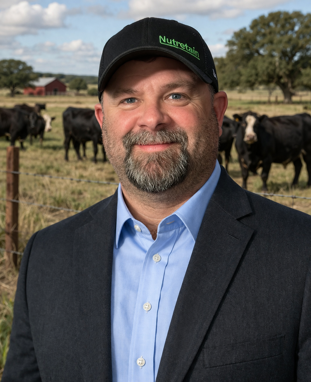 A smiling man in a suit and blue shirt standing outdoors with a cattle farm in the background, wearing a black cap with green lettering 'Nutreatin'.