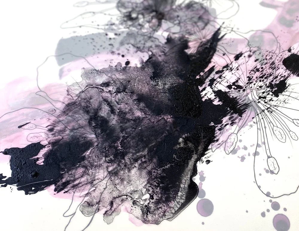 Detail of work - Charcoal gathered from forest fires and acrylic on mixed media 