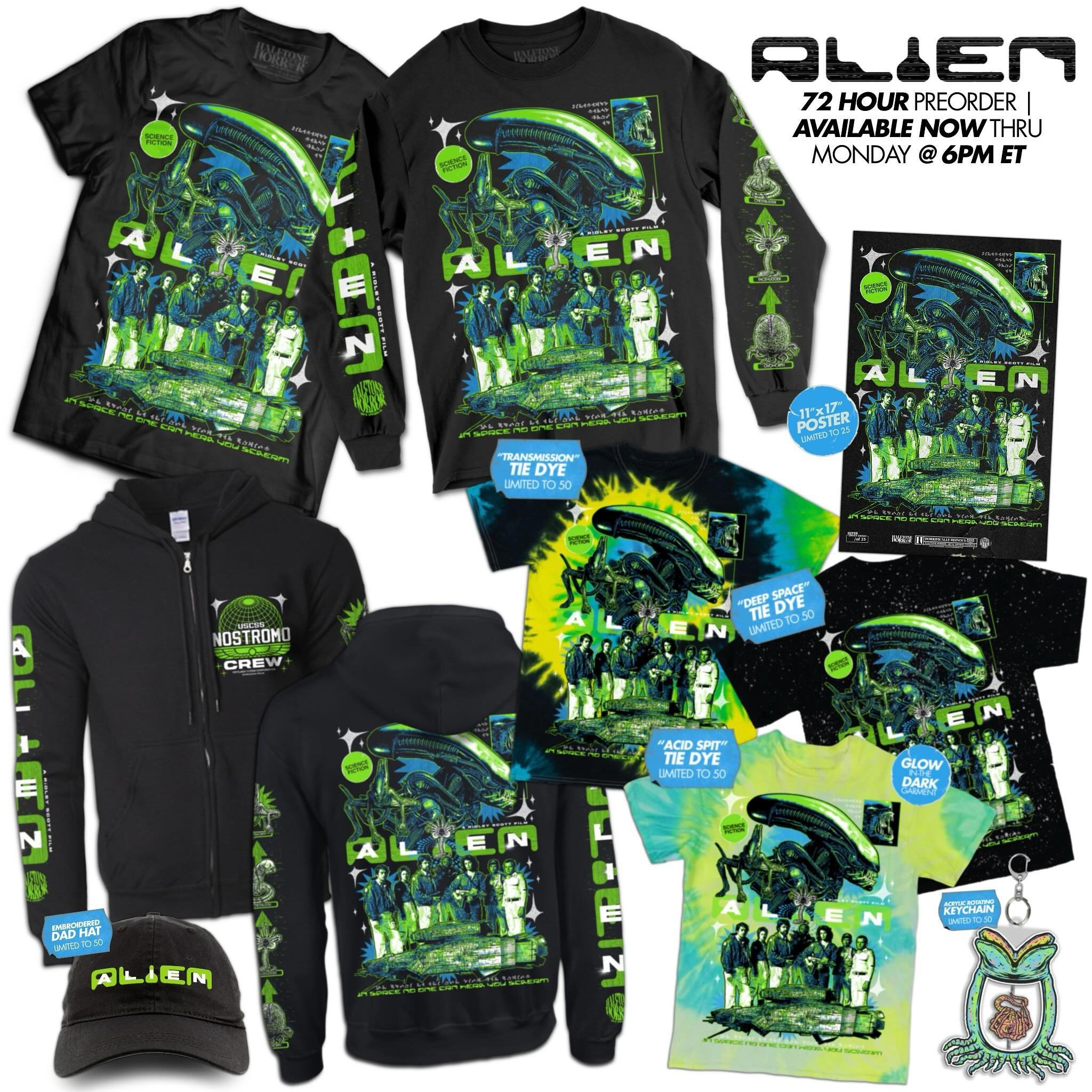 ENDS TOMORROW 👽
.
Hope you creeps have been enjoying the weekend! There&rsquo;s a little more than 24 hours to secure your Alien gear. Don&rsquo;t miss out because leftovers won&rsquo;t hit the shop for a few months and in your room&hellip; no one c