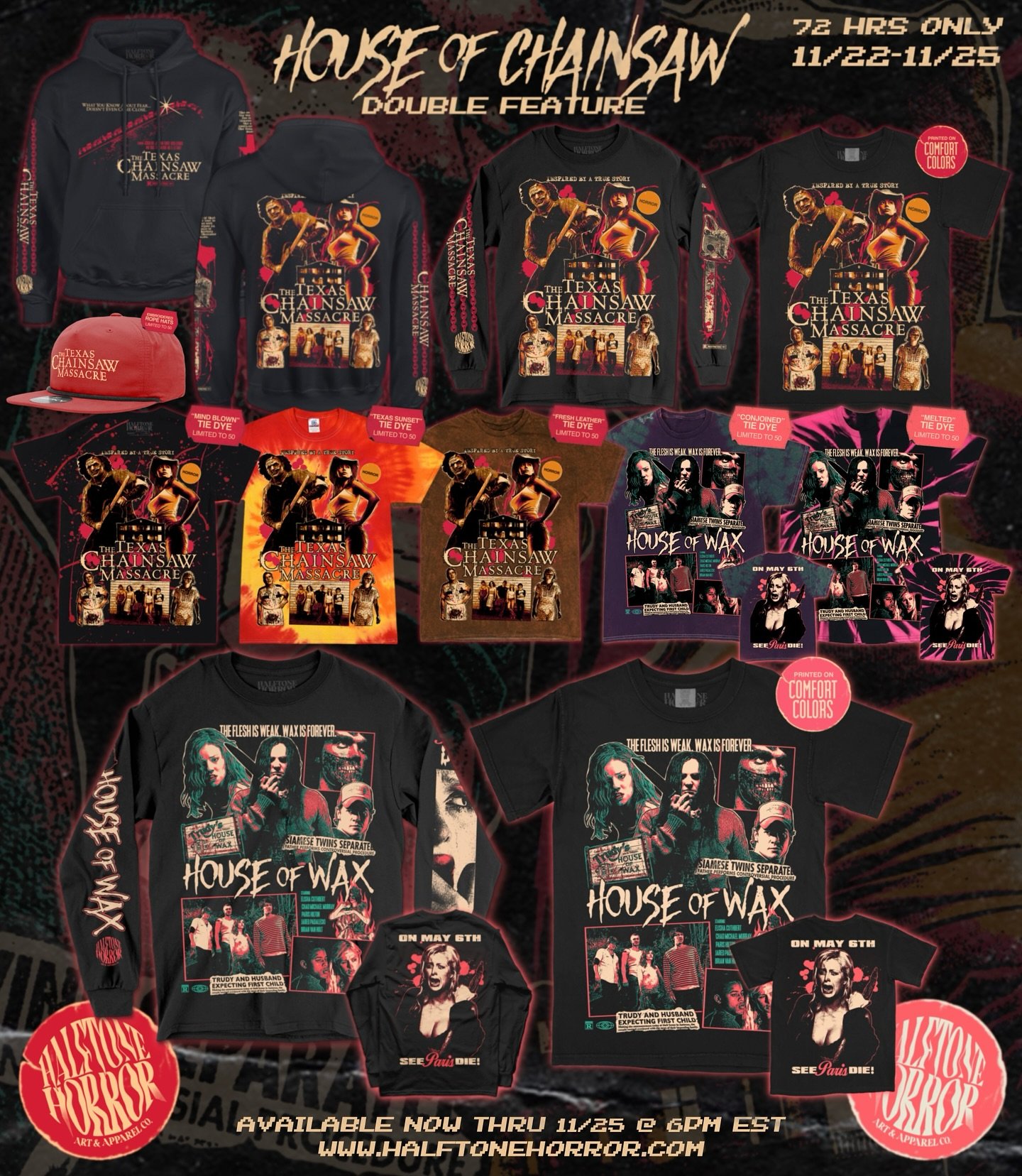 AVAILABLE NOW 🩸🕯️
.
Get your 2000&rsquo;s remake on! Our House of Chainsaw double feature is live in the shop. Tees, tie dyes, long sleeves, hoodies, hats and posters are available! Go grab some of this grimy garb before it&rsquo;s dead and gone 💀