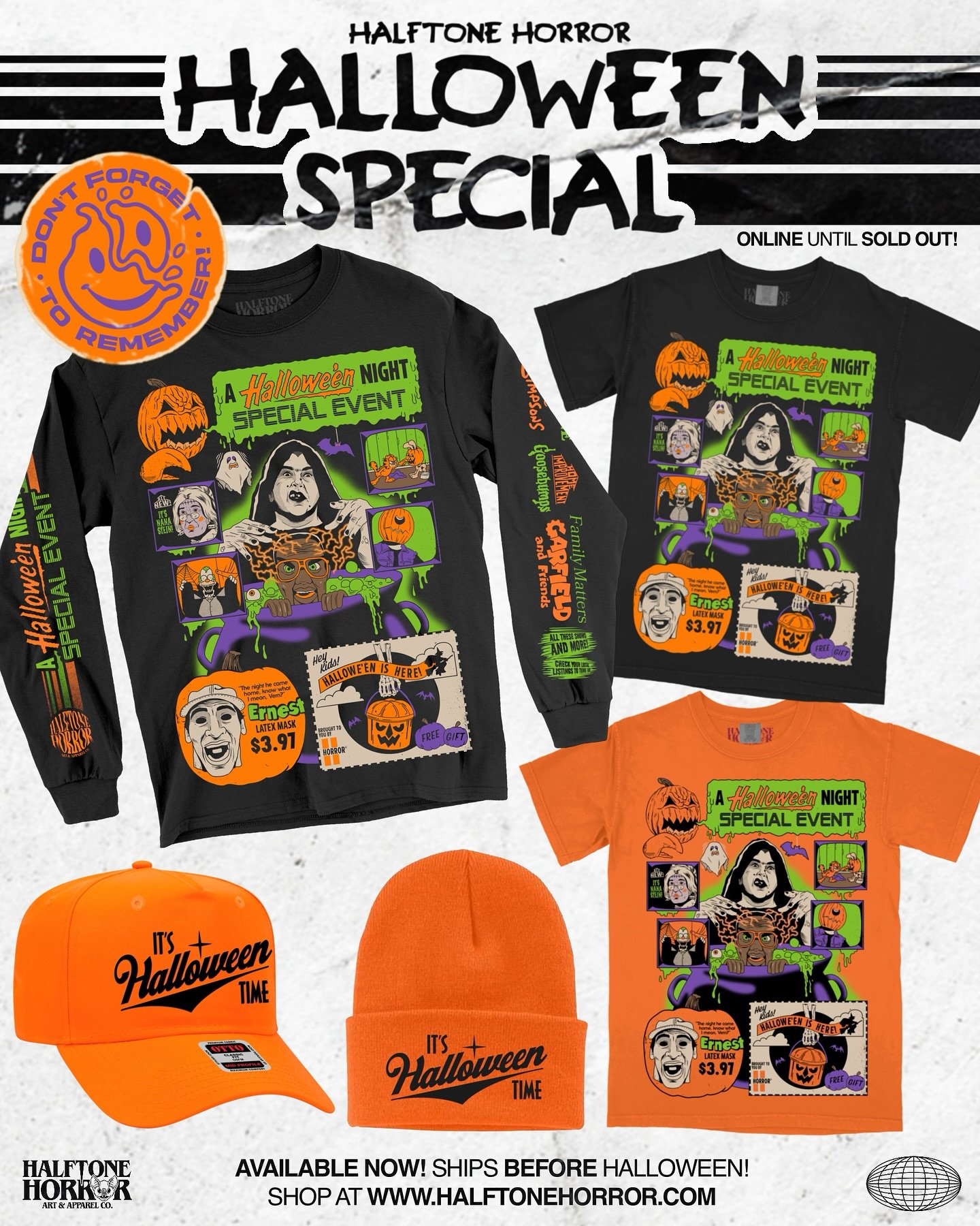 AVAILABLE NOW 🎃
.
Our Halloween Special drop is live! Featuring art from our friend @austinpardunart. Only 25 of each garment and 20 each for the hats so secure yours before they&rsquo;re gone for good!
.
Event runs until SOLD OUT! Ships before Hall