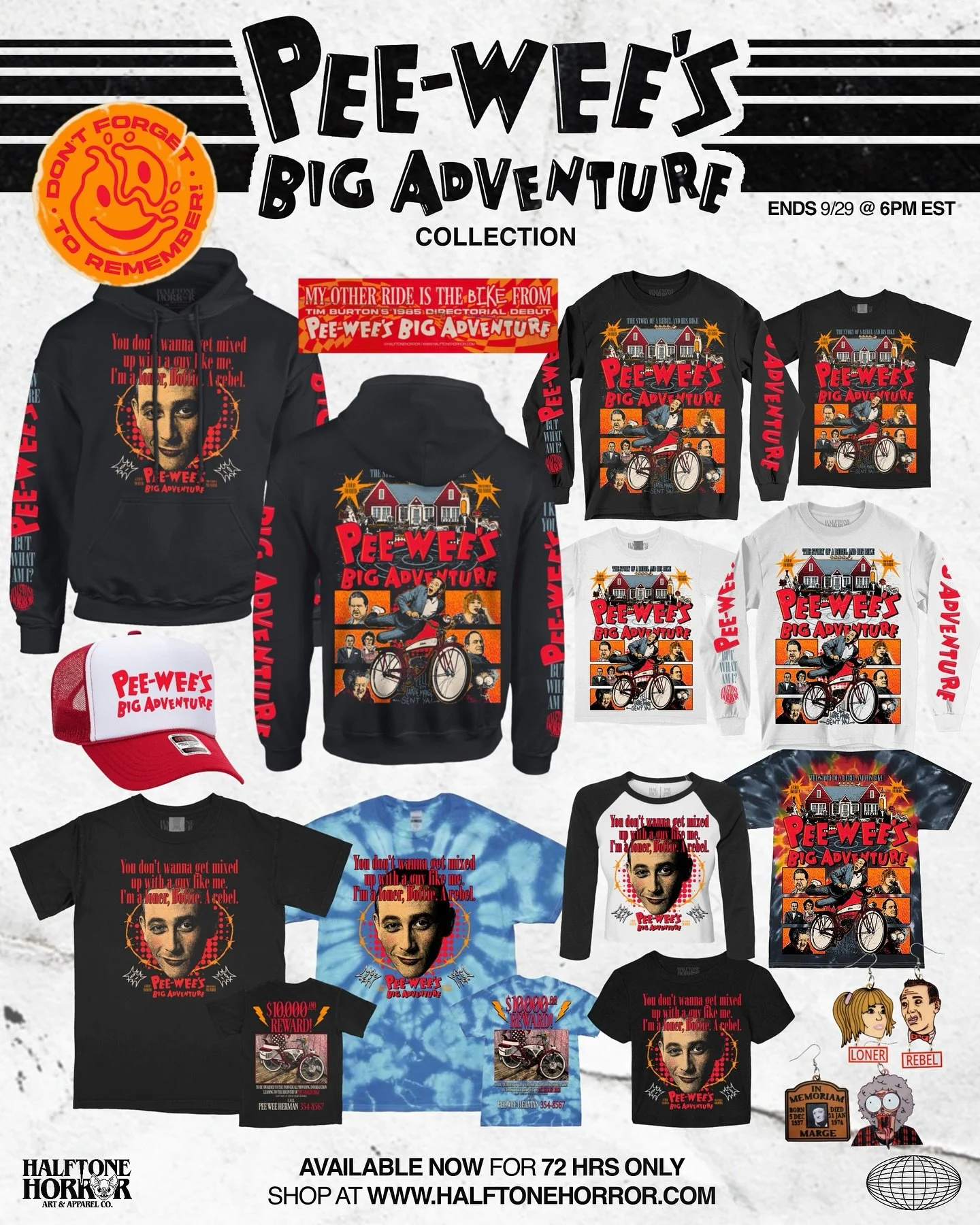 AVAILABLE NOW 🤡
.
Our Pee Wee&rsquo;s Big Adventure collection is LIVE! Go secure your limited merch or I&rsquo;ll send Francis to come steal your bike, sell it to some thug, therefor sending you on a cross-country trek looking for said bike. So are