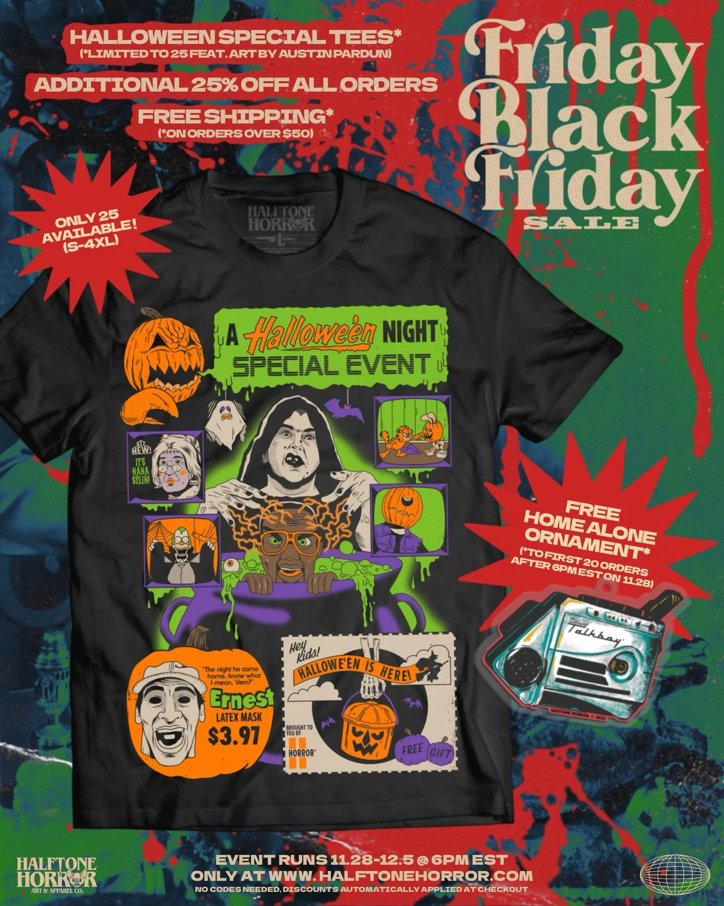 AVAILABLE NOW 🦇
.
Our biggest sale of the year is live! 25% off the entire shop, FREE shipping on orders over $50 and FREE Home Alone ornament to the first 20 orders after 6PM EST. Only 25 Halloween Special tees available so grab yours while you can