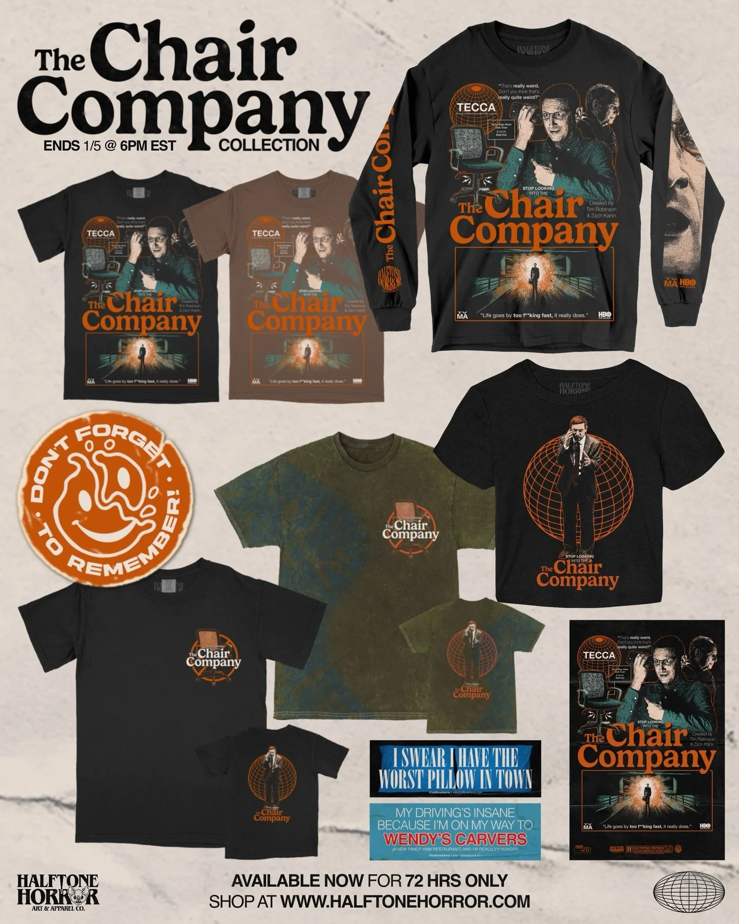 AVAILABLE NOW🪑
.
Our collection for The Chair Company is in the shop now! Go pick up some limited garb before TECCA hits us with a C&amp;D. All apparel has a 100% guarantee to NOT arrive reeking like Wendy&rsquo;s Carvers ham.
.
Preorder END Monday,