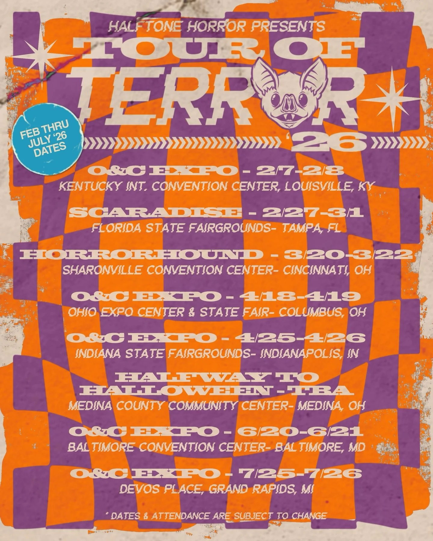 TOUR OF TERRER &rsquo;26 🦇
.
Just a month away from hitting the road again! Here&rsquo;s our current lineup of events from February through July. More dates may be added and we&rsquo;ll keep you posted if any changes come up. Our August-fall dates w
