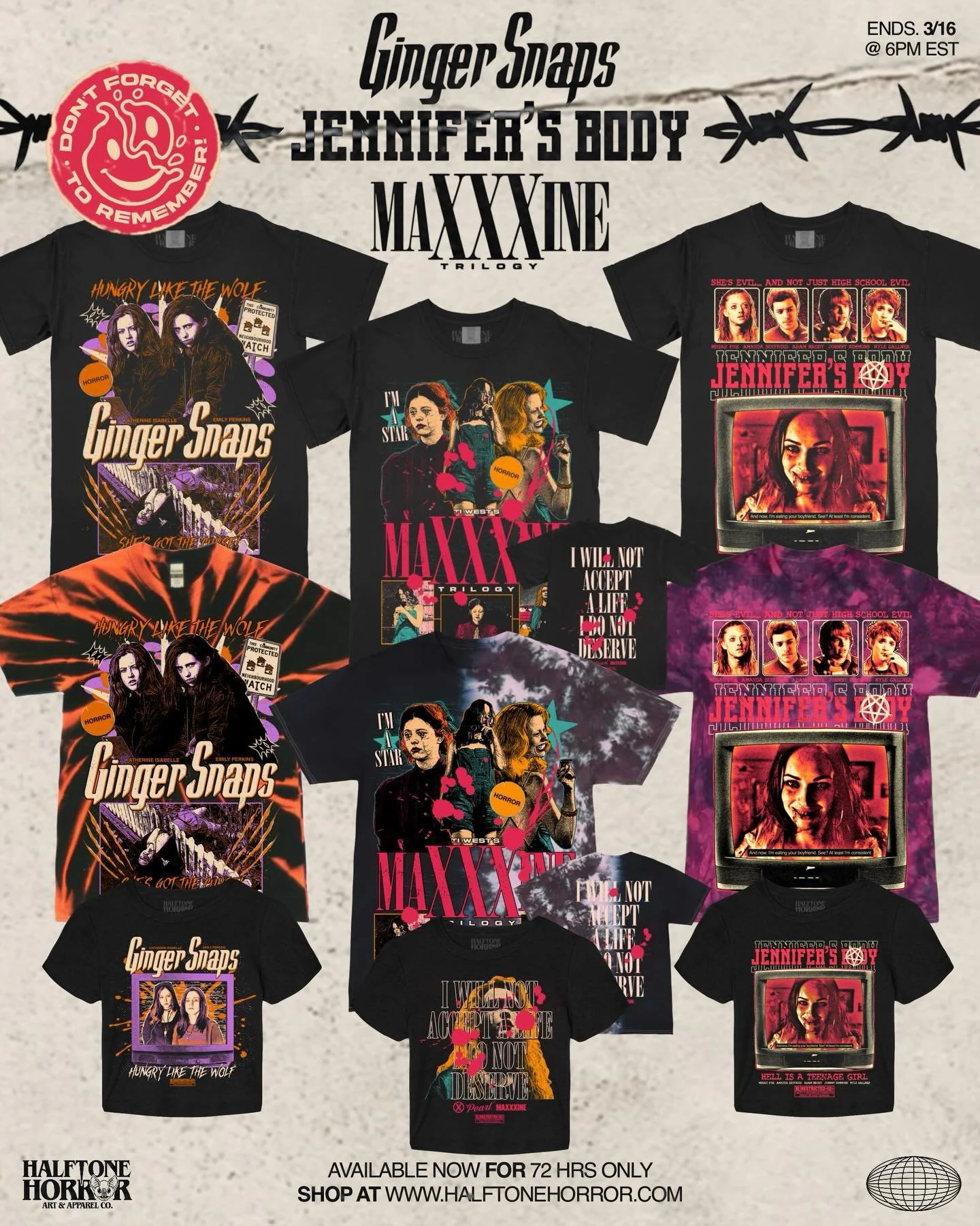 AVAILABLE NOW 🖤 
.
We&rsquo;re honoring some killer icons for Women&rsquo;s History Month! Featuring reprints and/or new designs for some of our all time favorites; Ginger Snaps, Jennifer&rsquo;s Body and MaXXXine Trilogy. Only here for 72 hours so 