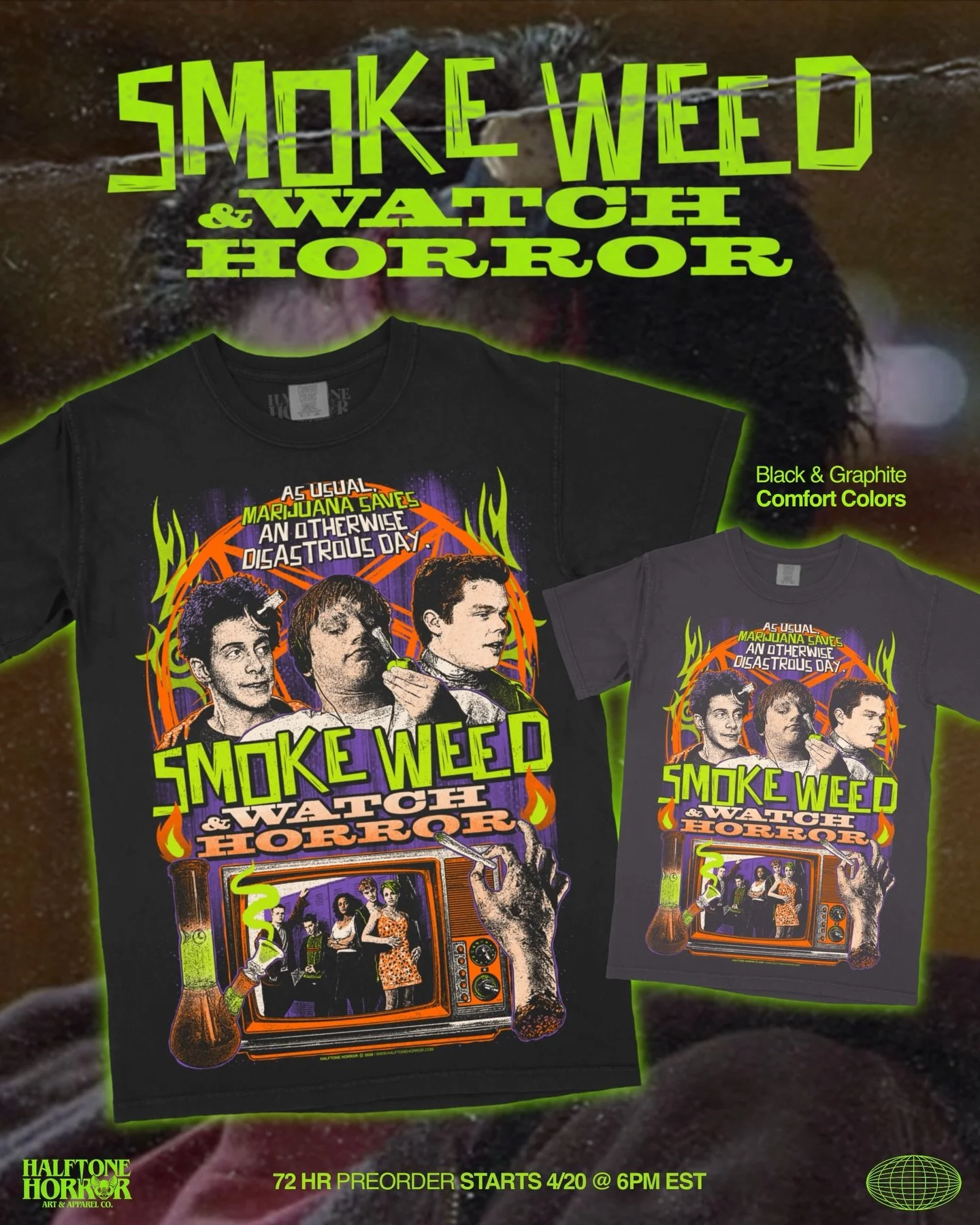 THIS MONDAY- 4/20 🔥
.
Our 4th annual Weed &amp; Horror release is upon us! We whipped up a new Idle Hands design and are bringing back the fan favorite, Crypt Reefer. Along with new lighters, a bumper sticker and beanies (not pictured). Set those al