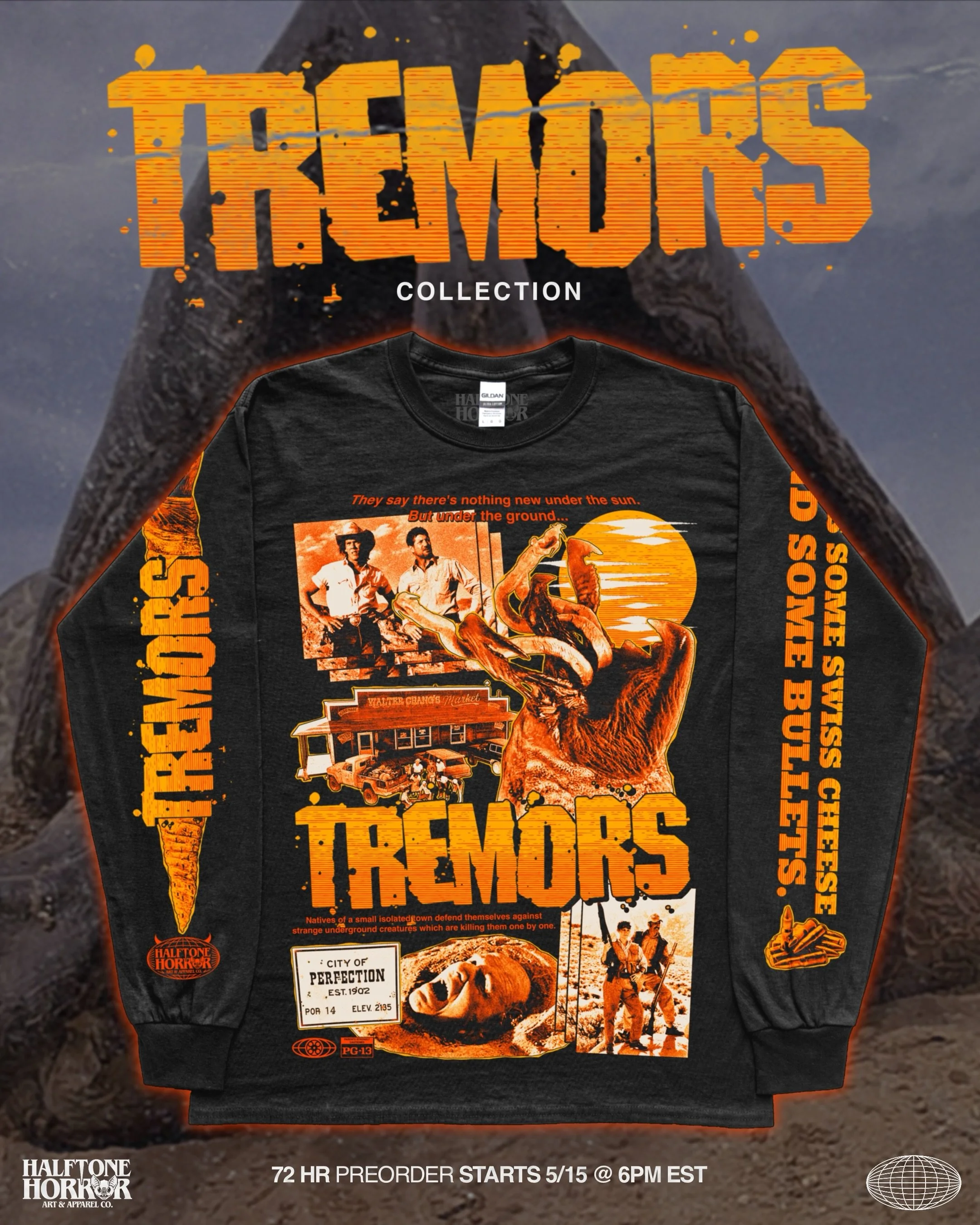 THIS FRIDAY 🪱
.
Here&rsquo;s a peek at everything we&rsquo;ll have available for our TREMORS collection. Had to turn our Graboid Hunters design into a work tee. 72 hour preorder only so set those alarms so you don&rsquo;t miss out! Dig it!?!
.
START