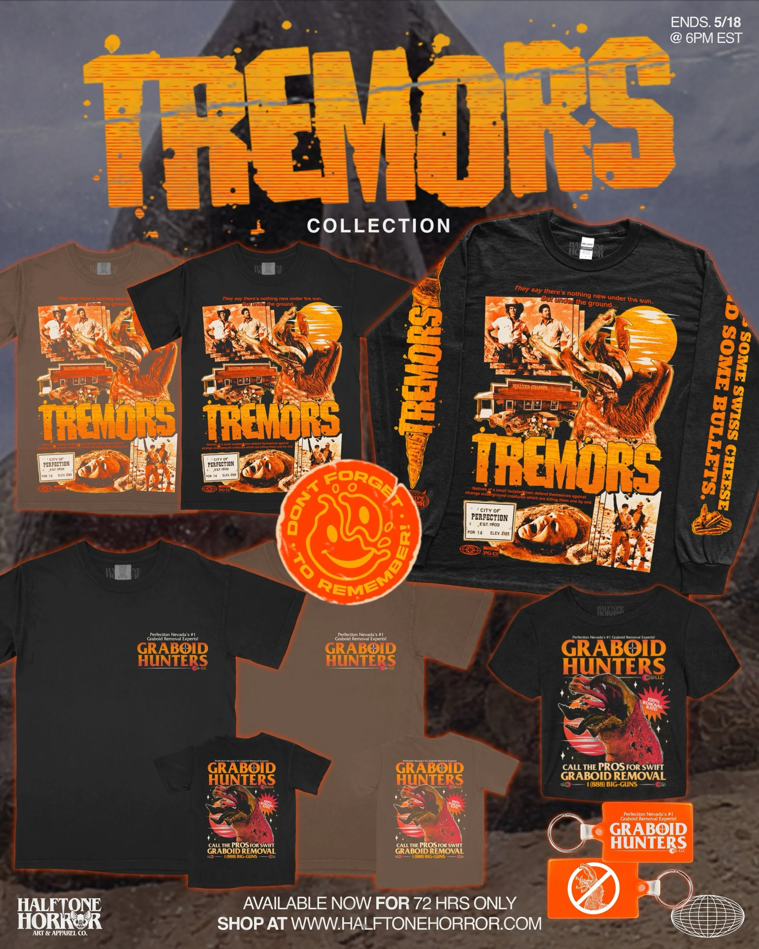 AVAILABLE NOW 🪱
.
Our new collection for Tremors has emerged! Tees, long sleeves, baby tees, keychains and posters are in the shop now. 72 hours only so grab &lsquo;em before all the graboids do! 
.
ENDS Monday, May 18th @ 6PM EST
