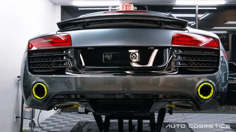 Rear view of an Audi R8 wrapped in matte gray paint protection film at Auto Cosmetics in Chandler, Arizona
