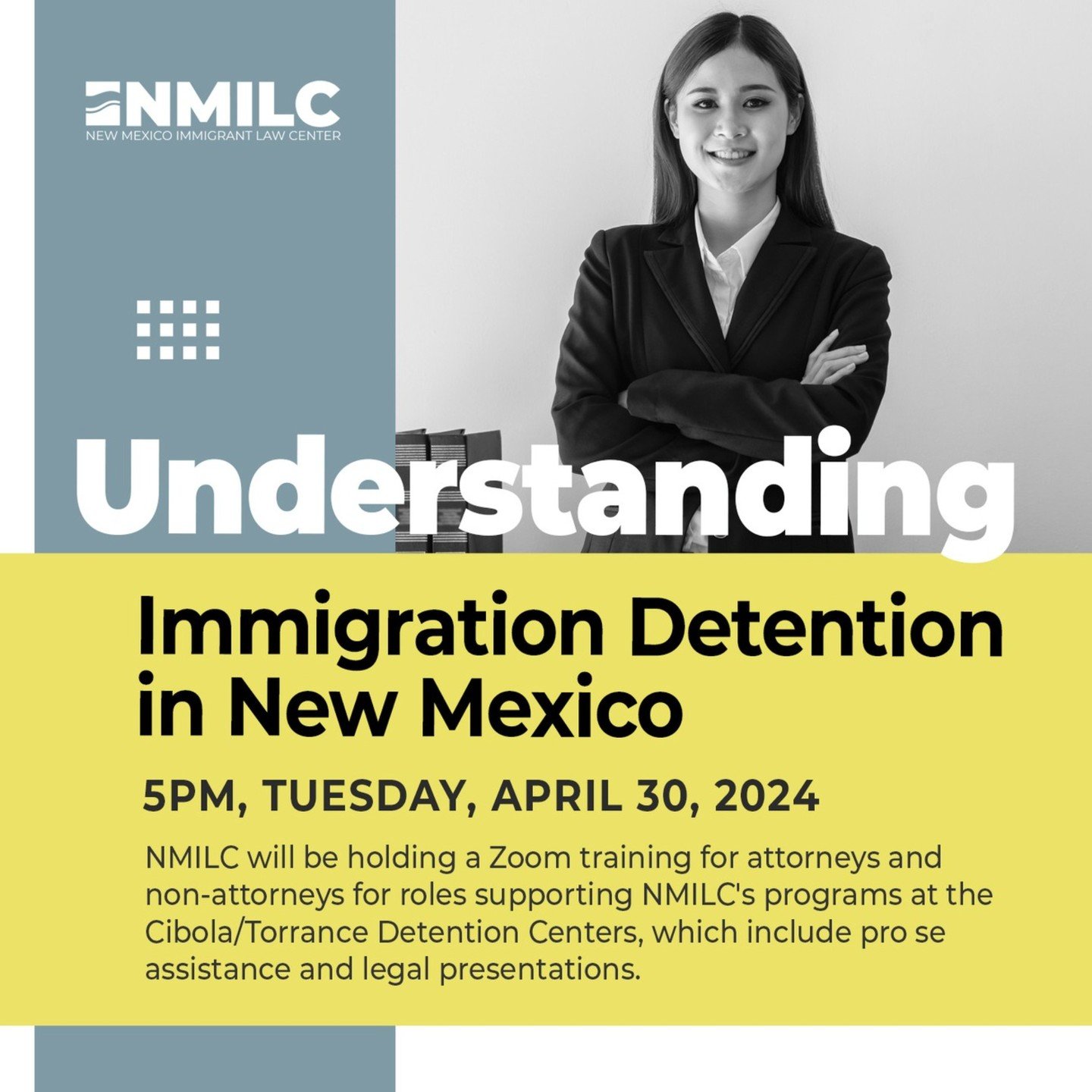 Just a friendly reminder to attend NMILC's Understanding Immigration Detention in New Mexico volunteer training session today at 5pm via Zoom. This session is for attorneys and non-attorneys for roles supporting NMILC's programs at the Cibola/Torranc