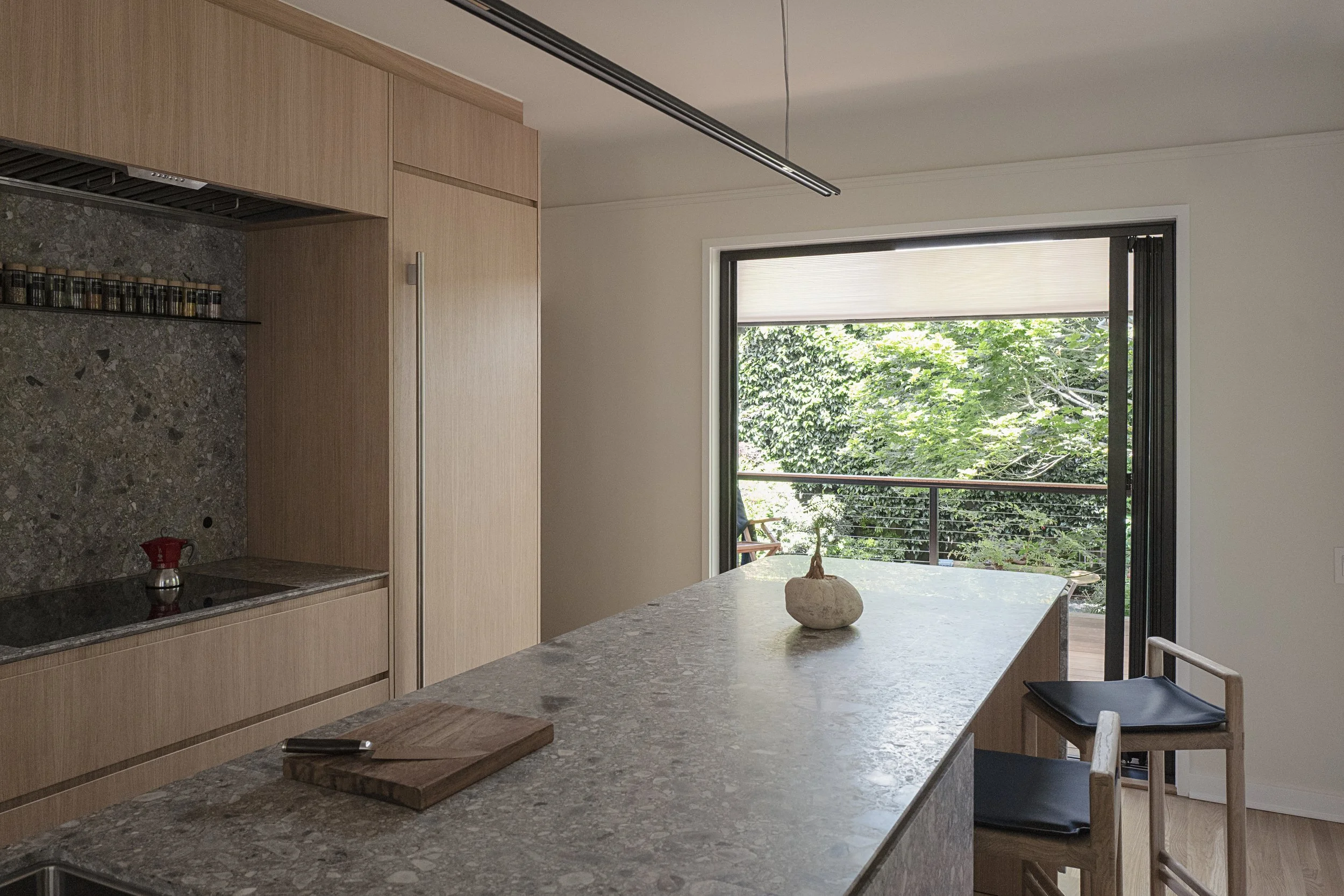 Cucina moderna con isola, vista su balcone e natura esterna