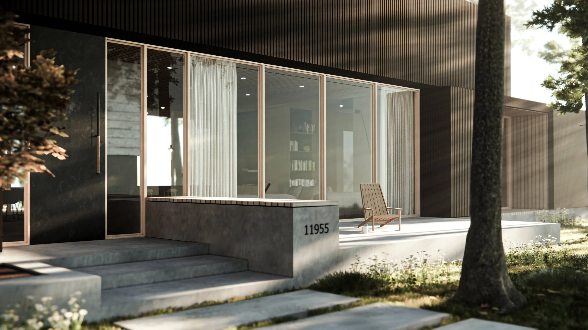 Casa moderna con grande finestra di vetro e porta, con sedie in legno sul patio, mosaico di colori neutri, e alberi nel giardino.