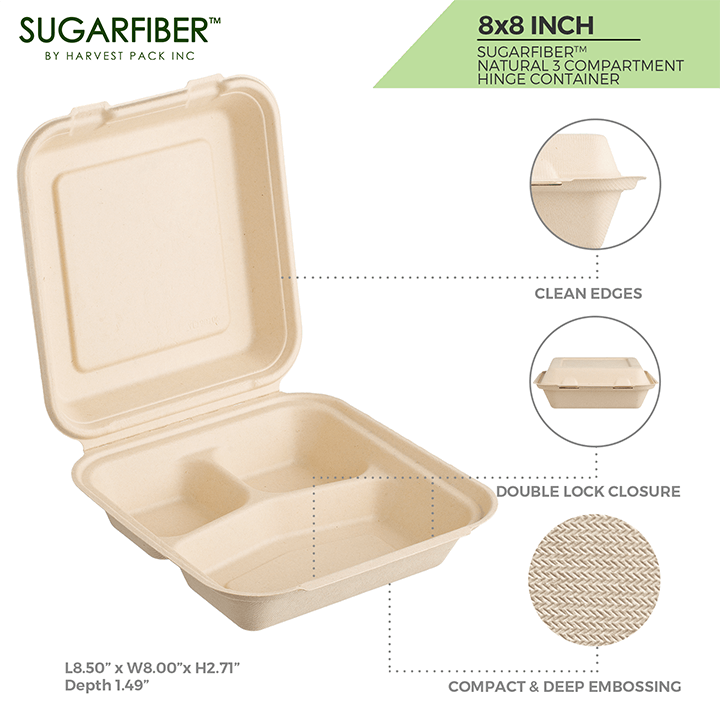 100% Compostable Clamshell Take Out Food Containers [8X8 3-Compartment 50-Pack]