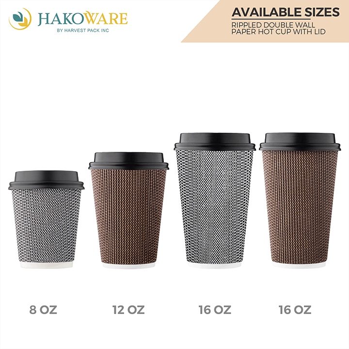 Harvest Pack 12 oz Insulated Ripple Double-Walled Paper Cup with Lid, Brown Geometric, Coffee Tea Hot Chocolate Drinks To-Go [100 Sets]