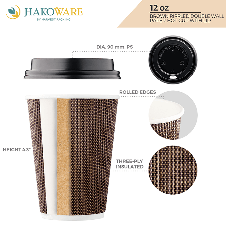 12 oz Brown Rippled Double Wall Paper Cup with Lid Sets — HAKOWARE by  Harvest Pack Inc