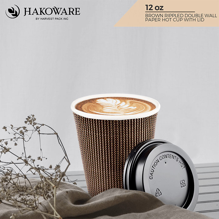 12 oz Brown Rippled Double Wall Paper Cup with Lid Sets — HAKOWARE by  Harvest Pack Inc