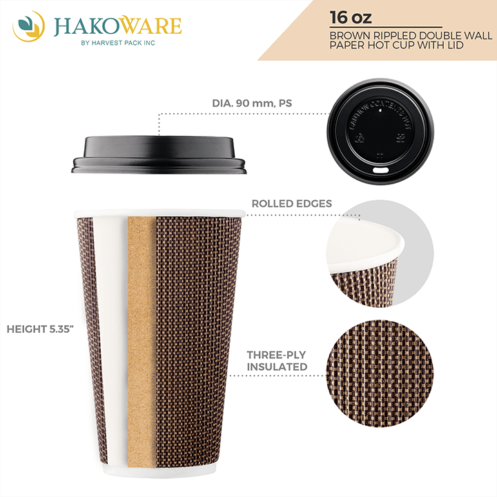 16 oz Brown Rippled Double Wall Paper Cups with Lid Option — HAKOWARE by  Harvest Pack Inc