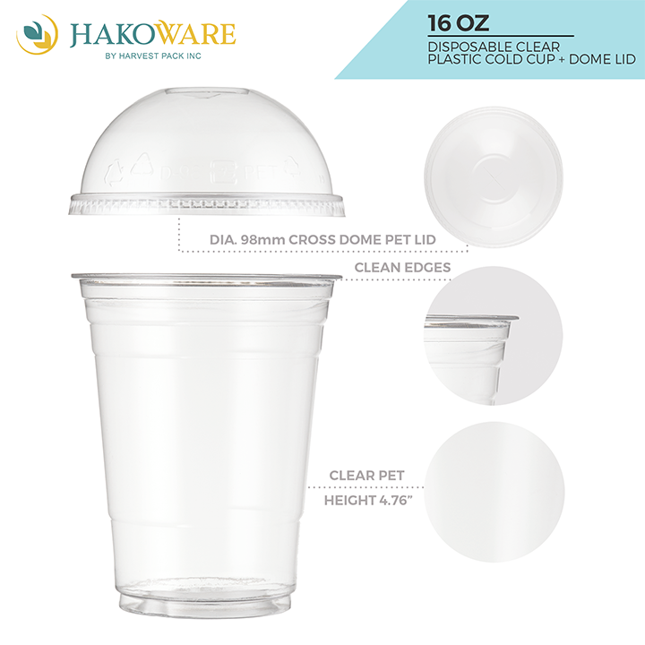 100 Pack] 16 oz Clear Plastic Cups with Dome Lids, Disposable Iced