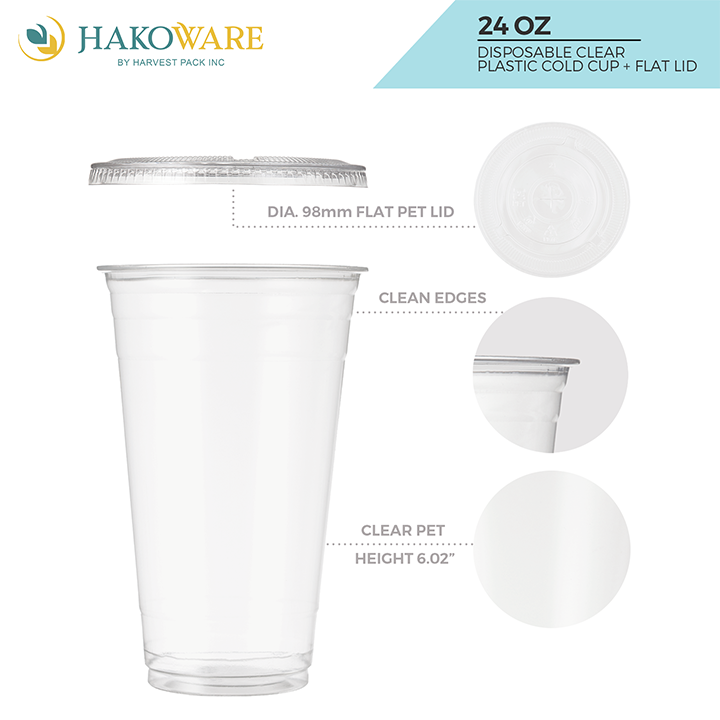 24 Oz Disposable Plastic To Go Cups with Flat Lids and Straws