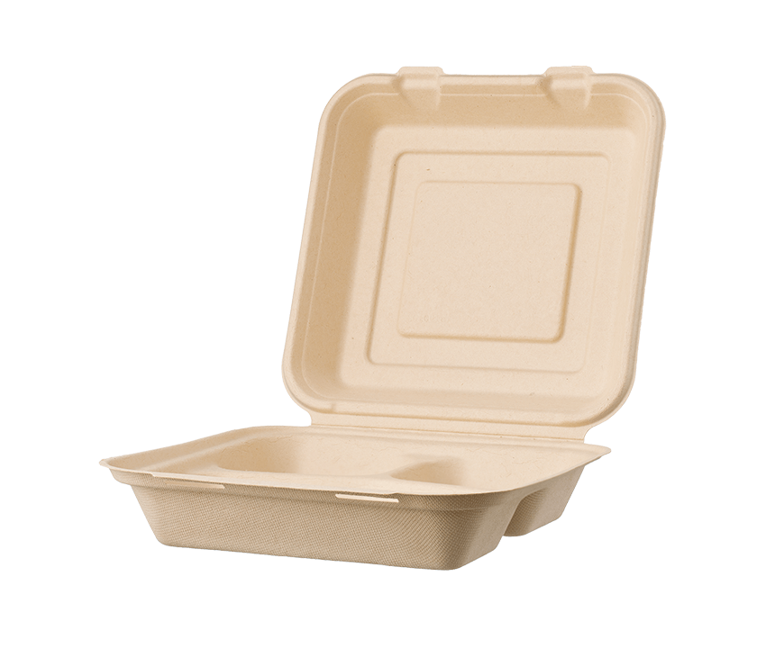 Sugarfiber™ 8x8 inch 3 Compartment Square Hinged Container