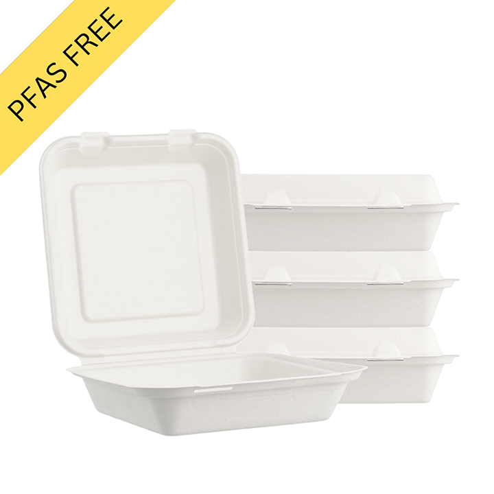 Sugarfiber™ 8x8 inch White Square Hinged Container PFAS FREE