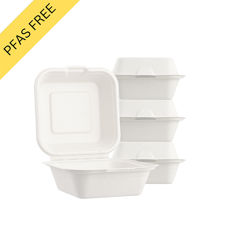 Sugarfiber™ 6x6 inch White Square Hinged Container PFAS Free