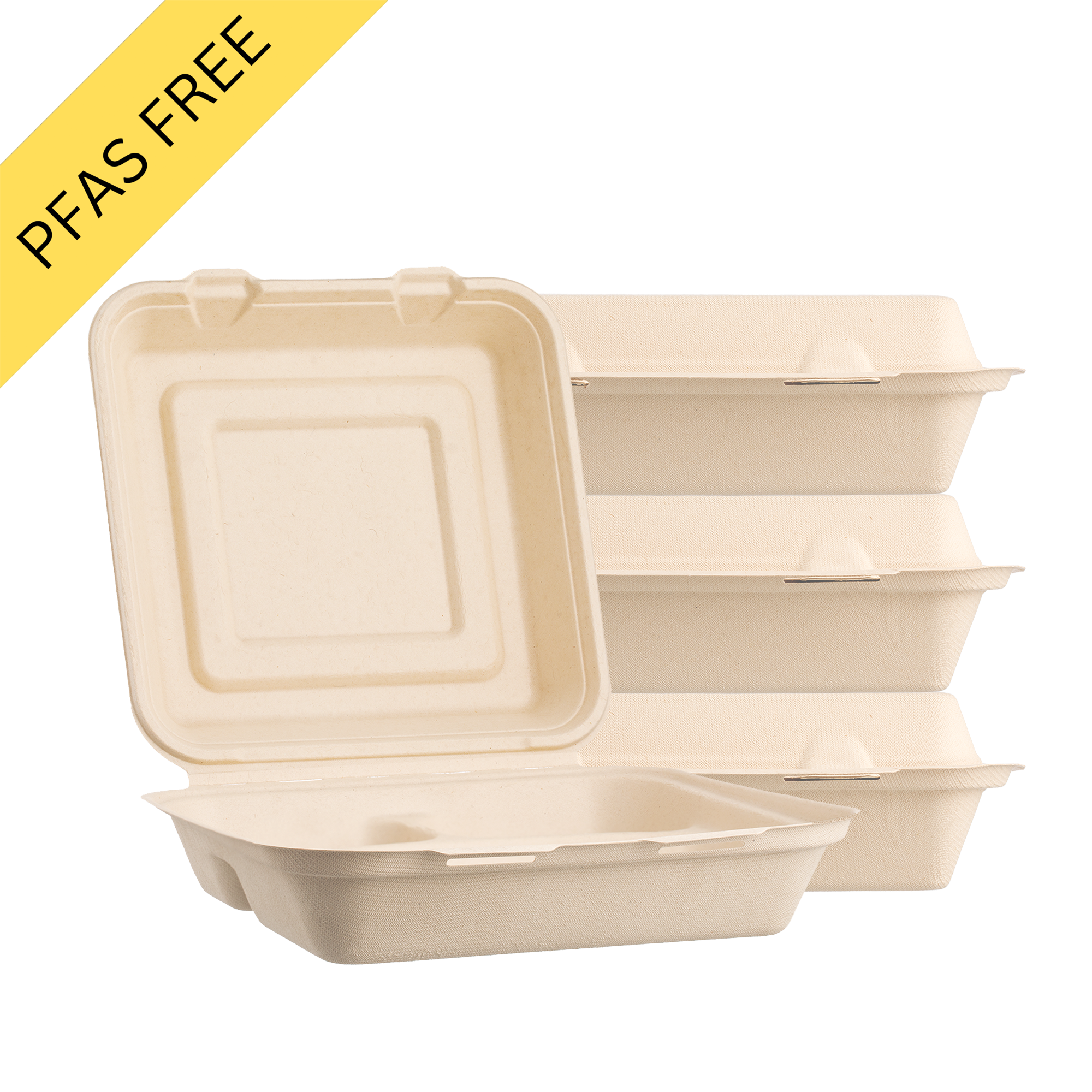 Sugarfiber™ 10x10 inch 3 Compartment Square Hinged Container PFAS Free
