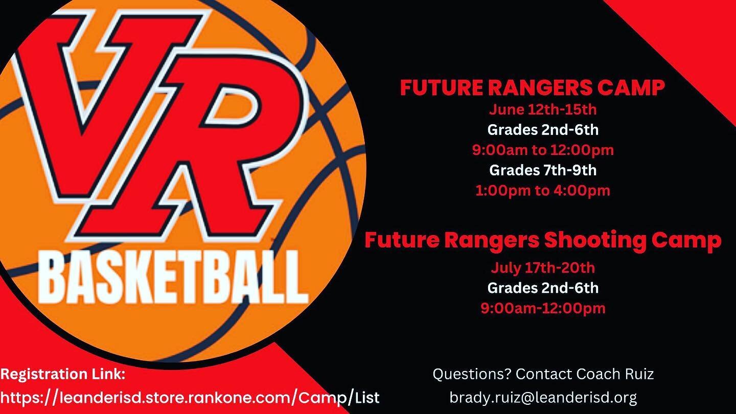 🚨Summer Camp Sign Ups are Live🚨
Come out and learn some basketball while having a lot of fun with our Vista Ridge coaches and former players!

Registration Link Below:
leanderisd.store.rankone.com/Camp/List#

@VistaRidgeHS @LISD_AD @LISDActivities 