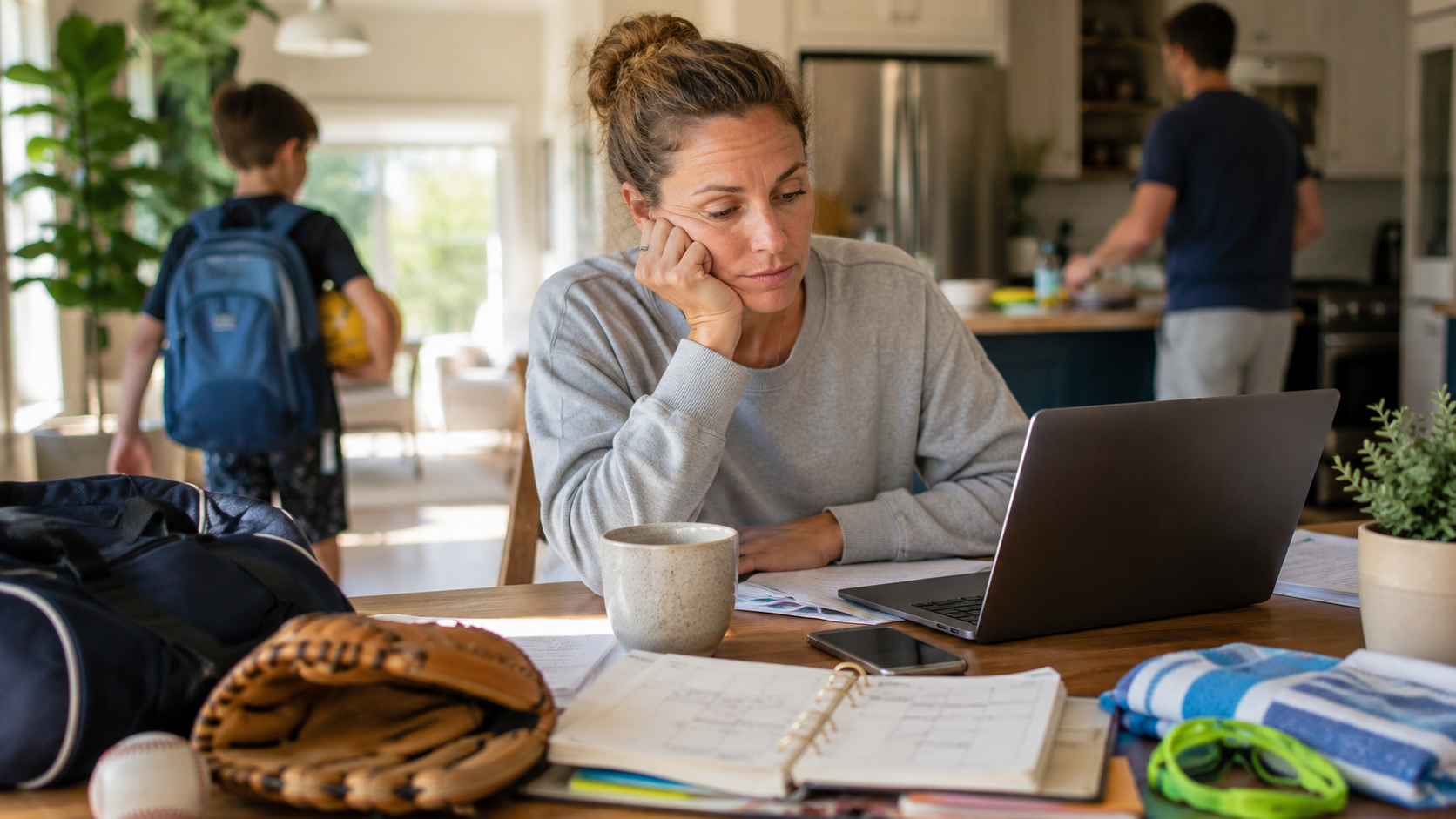 Parent sitting at a kitchen table with a busy family, reflecting on emotional overload and disconnection.