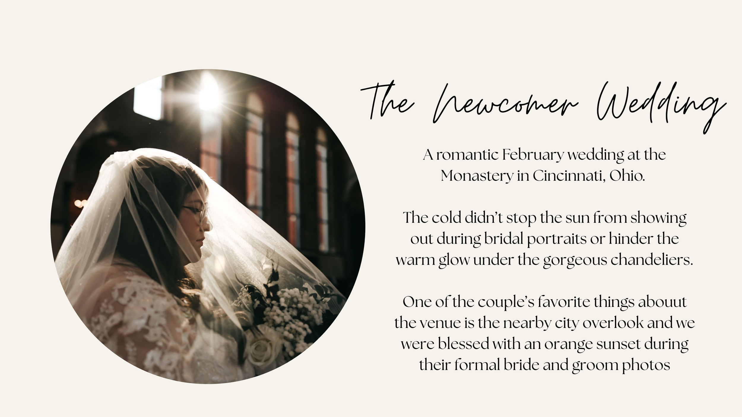 A bride with glasses and a veil, holding a bouquet, inside a church with sunlight streaming through windows. At the Monastery in Cincinnati, Ohio.