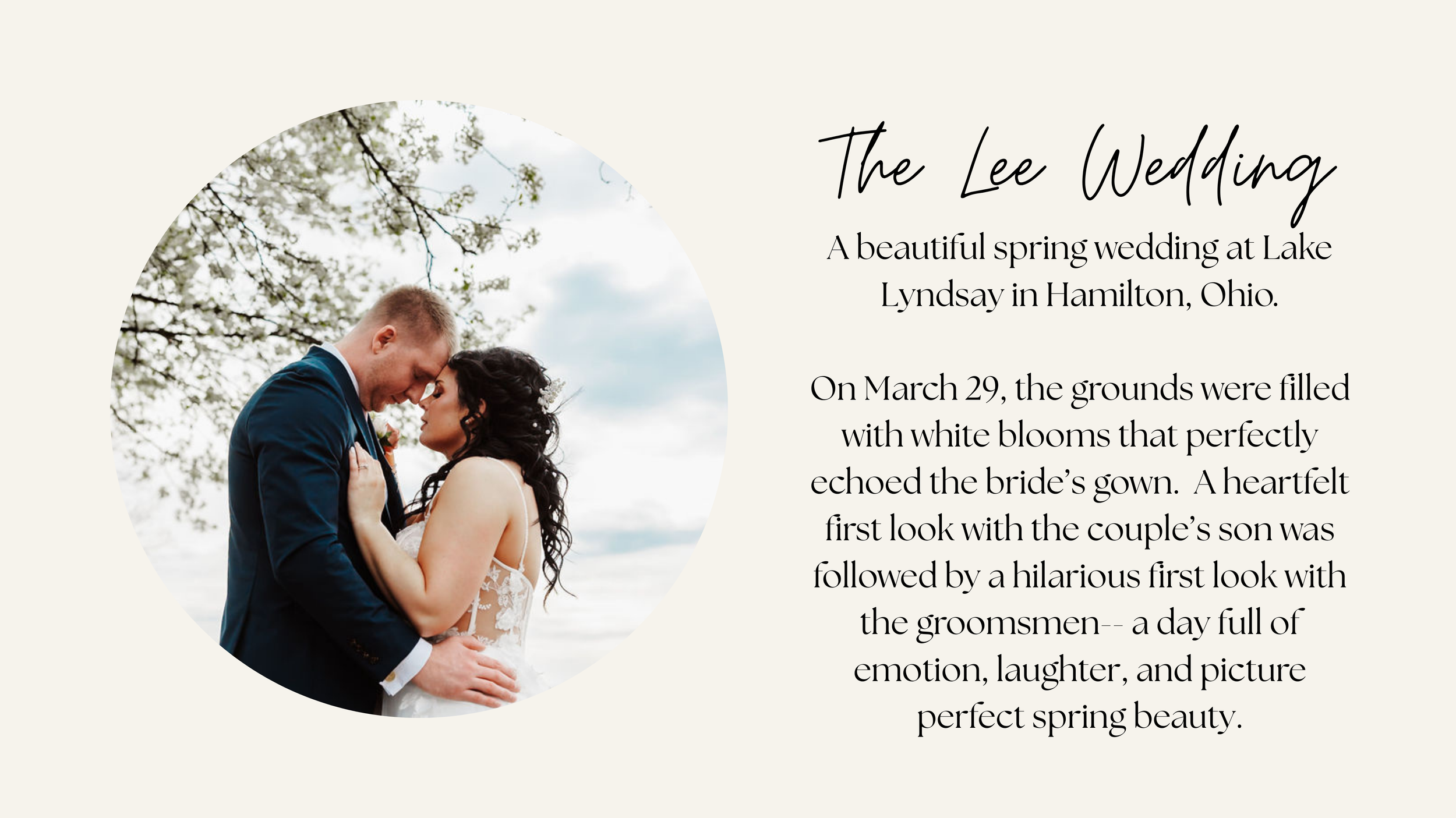 A wedding announcement featuring a photo of a bride and groom with their foreheads touching, surrounded by blossoming trees, with elegant black text on a light background describing the wedding details. At Lake Lyndsay in Hamilton Ohio.