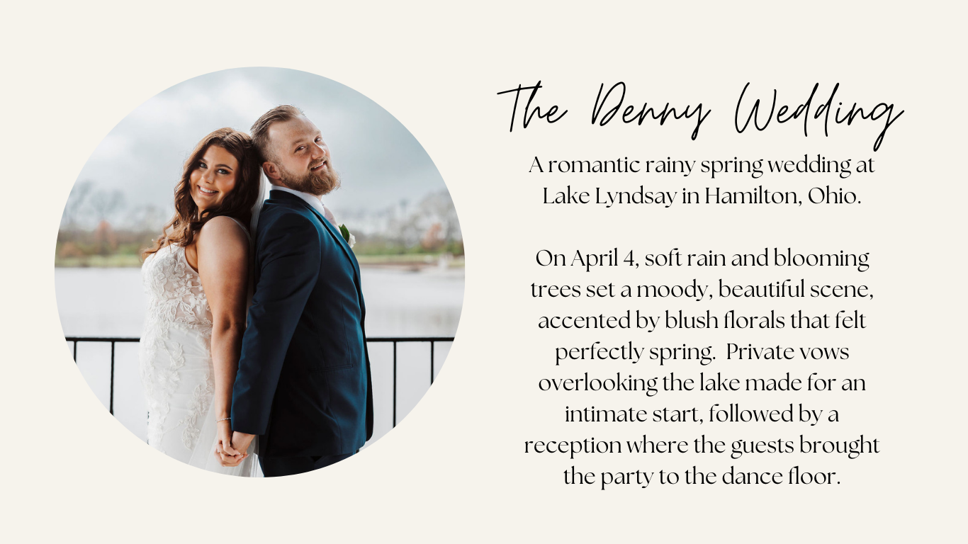 A couple in wedding attire holding hands on a balcony with a lake and cloudy sky in the background, accompanying a wedding announcement for a romantic spring wedding at Lake Lyndsay in Hamilton, Ohio.