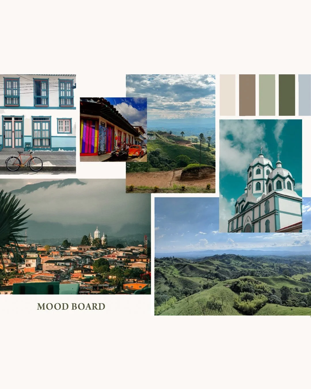A mood board and nature inspired color palette I created for a new client, Casa Andes. The project is a wellness retreat destination in Filandia, Colombia surrounded by the beautiful mountains, lush jungles, and vibrant culture. These colors reflect 