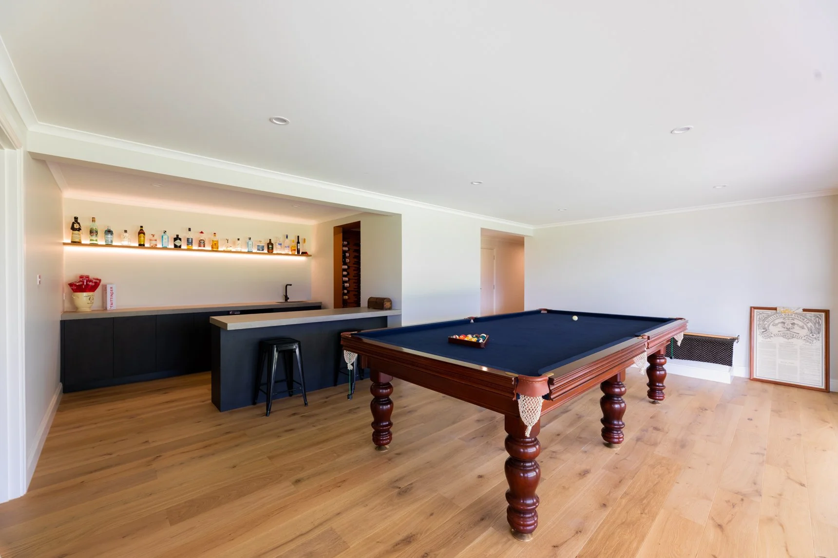 Home renovations Newcastle custom games room with bar and pool table.