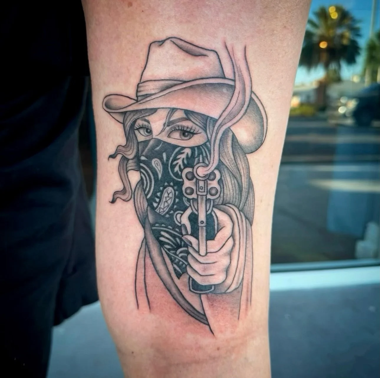 Pretty cowgirl done by @brittneytattoos here at @darktidetattoo if you&rsquo;d like to get tattooed by Brittney, you can go to her website: www.brittneytattoos.com or send her an email: brittneytattoos@gmail.com
&bull;
Our shop opens at 𝟭𝟭𝗮𝗺 𝗧𝗨