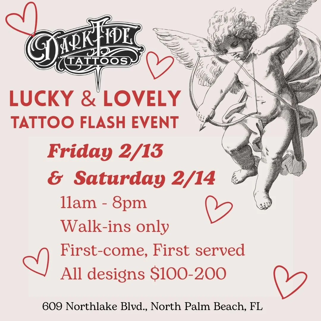 🕷️Unlucky in love? 🕷️
💝Lucky and unloved? 💝
🎯Sounds like you need some tats - STAT!

Join us for a rare TWO DAY TATS-travaganza @darktidetattoo !

- all designs 100-200$
- no changes to design 
- first come, first served
- must be 18, with valid