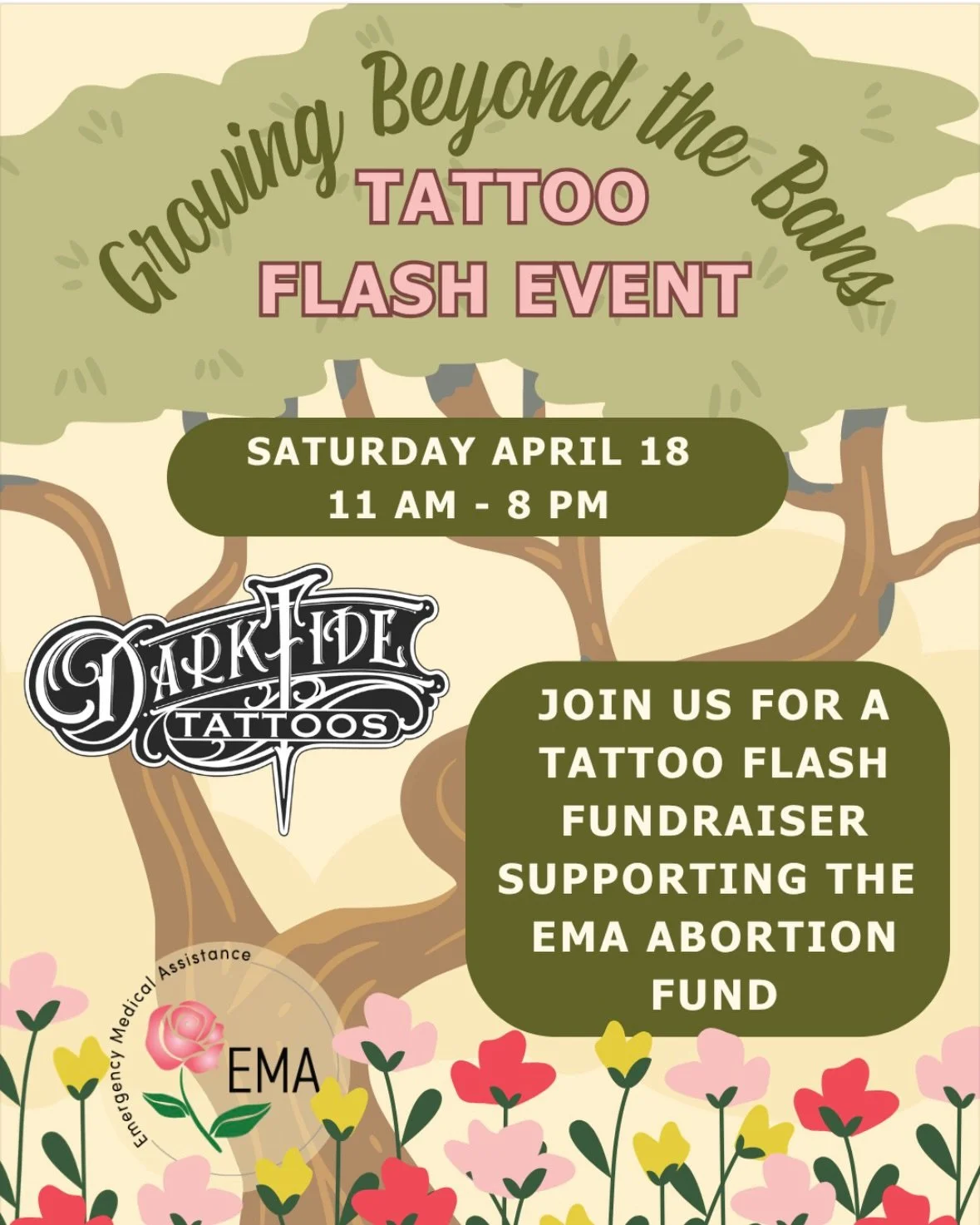 SWIPE ⬅️ to read more about our next fundraiser FLASH EVENT!💐
Join us @darktidetattoo !
⚡️FLASH TATTOOS
🤝FUNdraising for @emawpb 
🎟️Raffles
and more!

&bull; Must be 18 with ID
&bull; Arms and legs only
&bull; 60% of proceeds goes to @emawpb 
&bul