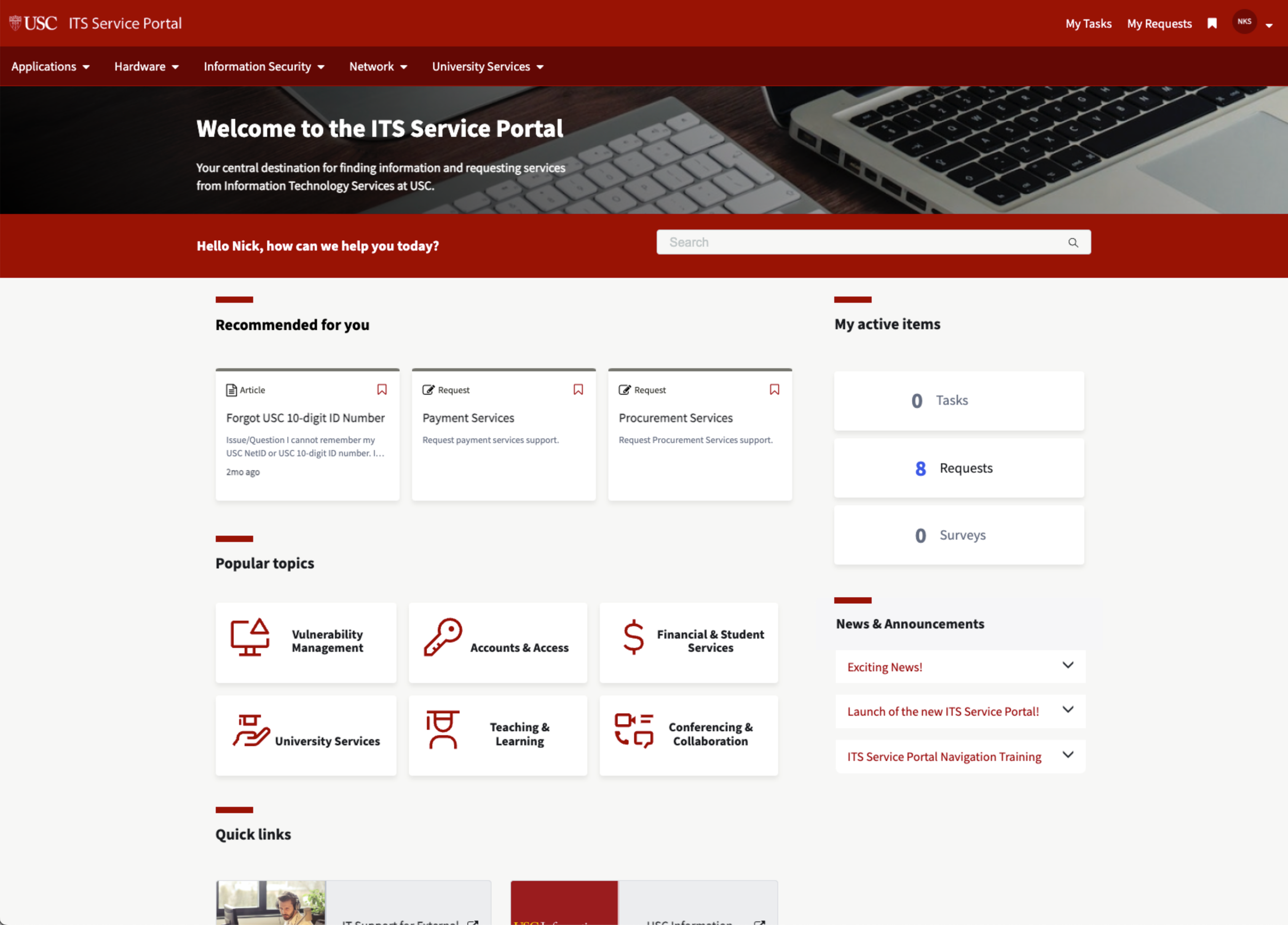 Screenshot of USC's ITS Service Portal Redesign