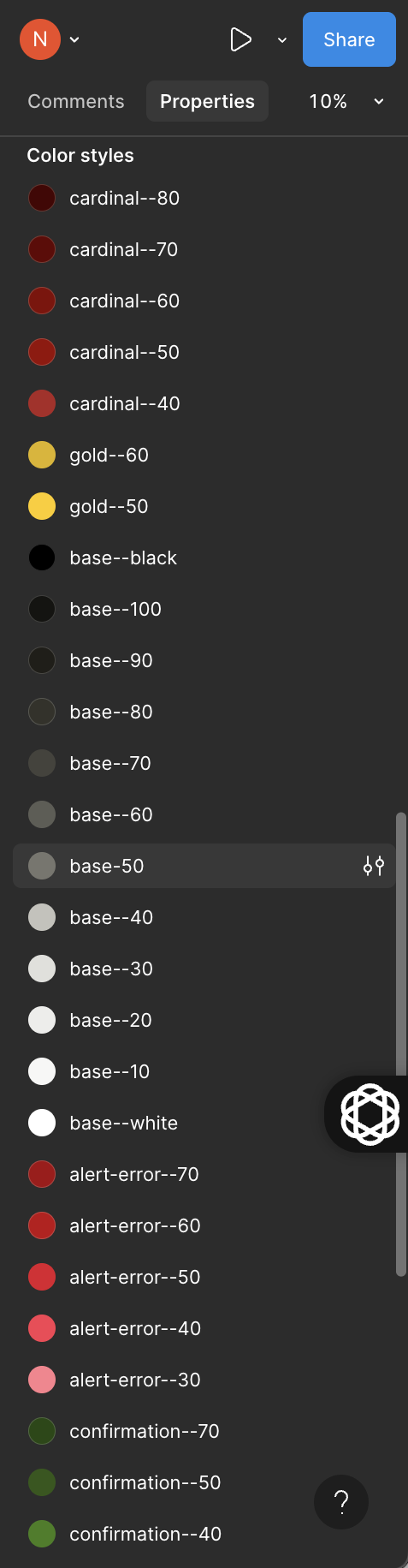 Screenshot of styles panel in Figma displaying color styles.