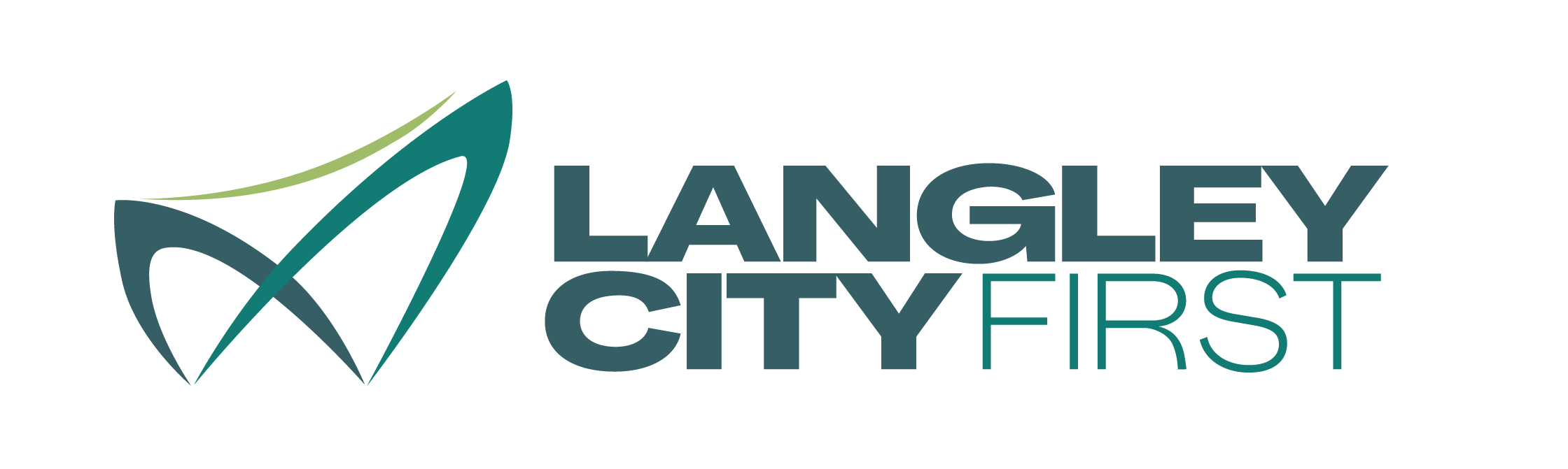 Logo for Langley City First featuring stylized green and blue abstract shapes and text.