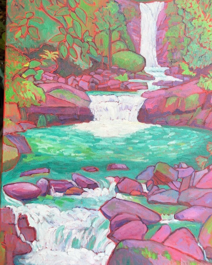 #uvita #costarica &hellip; work in progress &hellip; so fun painting a waterfall this morning in Uvita &hellip; n my website!! #oilpaintingonsite #paintingwaterfalls #expressionism  #landscapepainting #pleinairartist  #annegarney #fauve #fauvist #fau