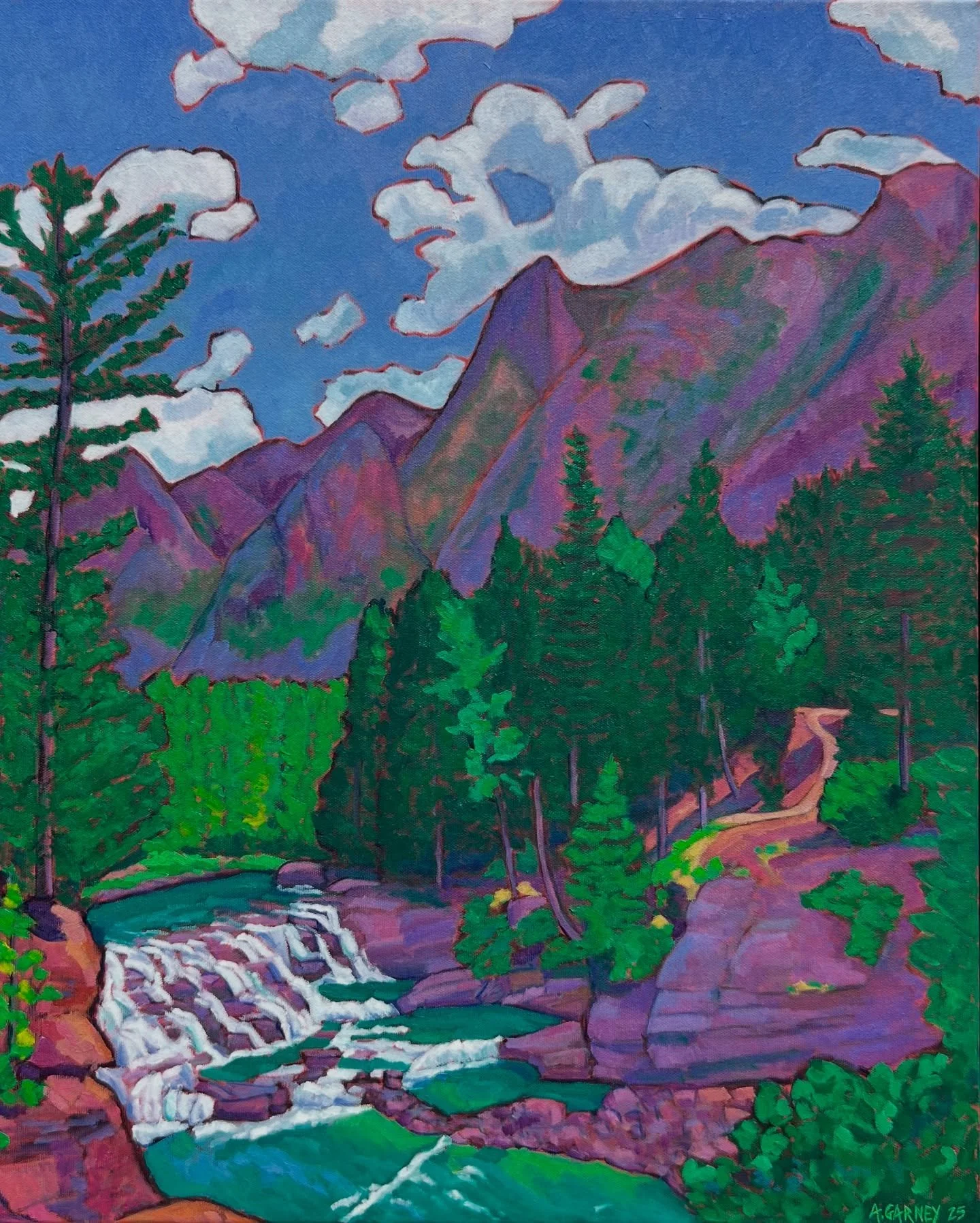 Finished &ldquo;Sacred Dancing Cascades&rdquo; from Glacier National Park in Montana&hellip; amazing place to paint #sacreddancingcascades #glaciernationalpark #montana #glacier_national_park #landscapepainting #fauvism #fauvist #expressionism